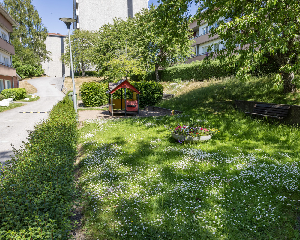 En gräsyta med lekmöjligheter på Mässvägen i Åby.