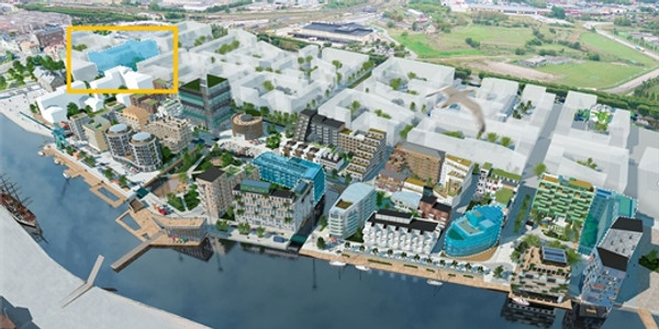 Illustration över Inre hamnen där Kvarteret Munken är inringat.