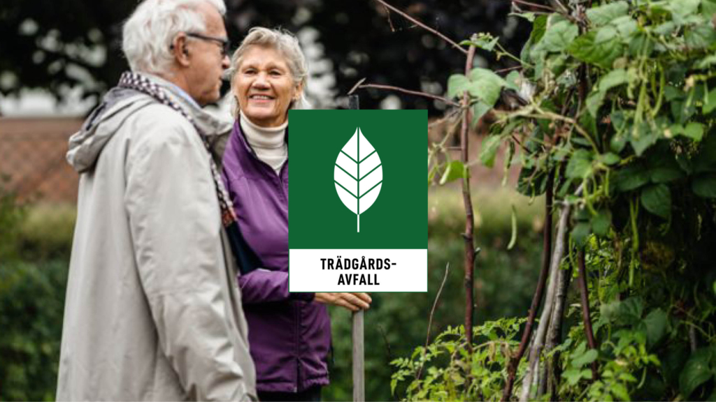 Två äldre personer som arbetar i en trädgård. På bilden är ikonen för trädgårdsavfall placerad.